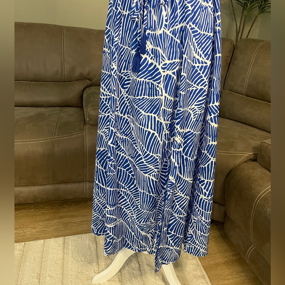 Blue & White Print Strapless Flowy Maxi Dress Sz L Large - Picture 11 of 12